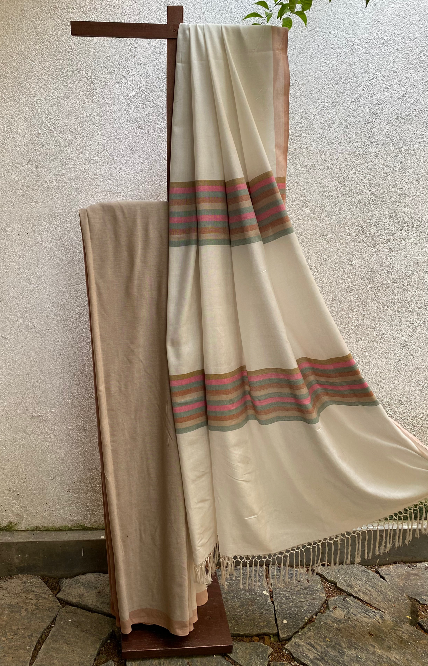 Saree - Beige and white