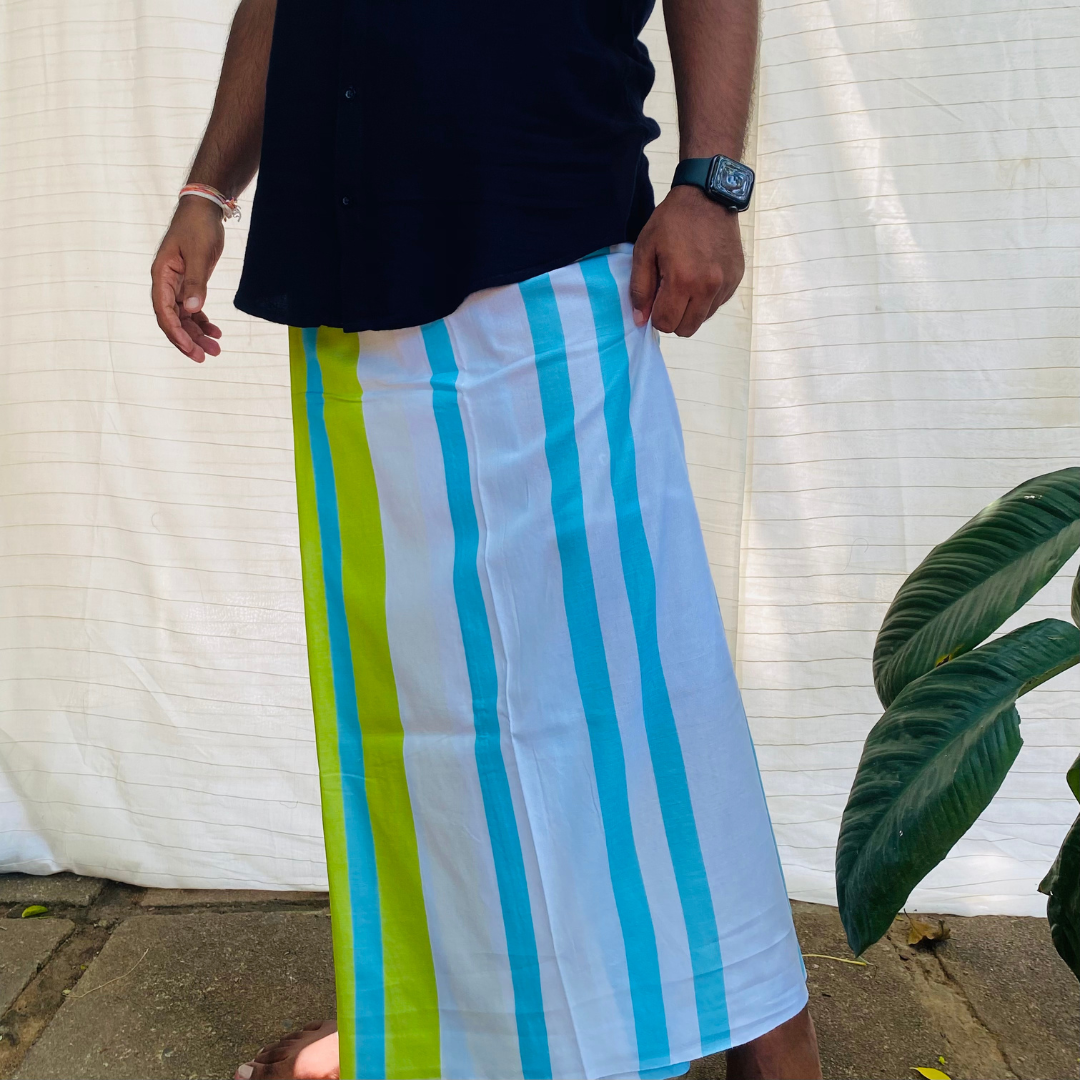 Sarong - White with Lime Green & Light Blue stripes