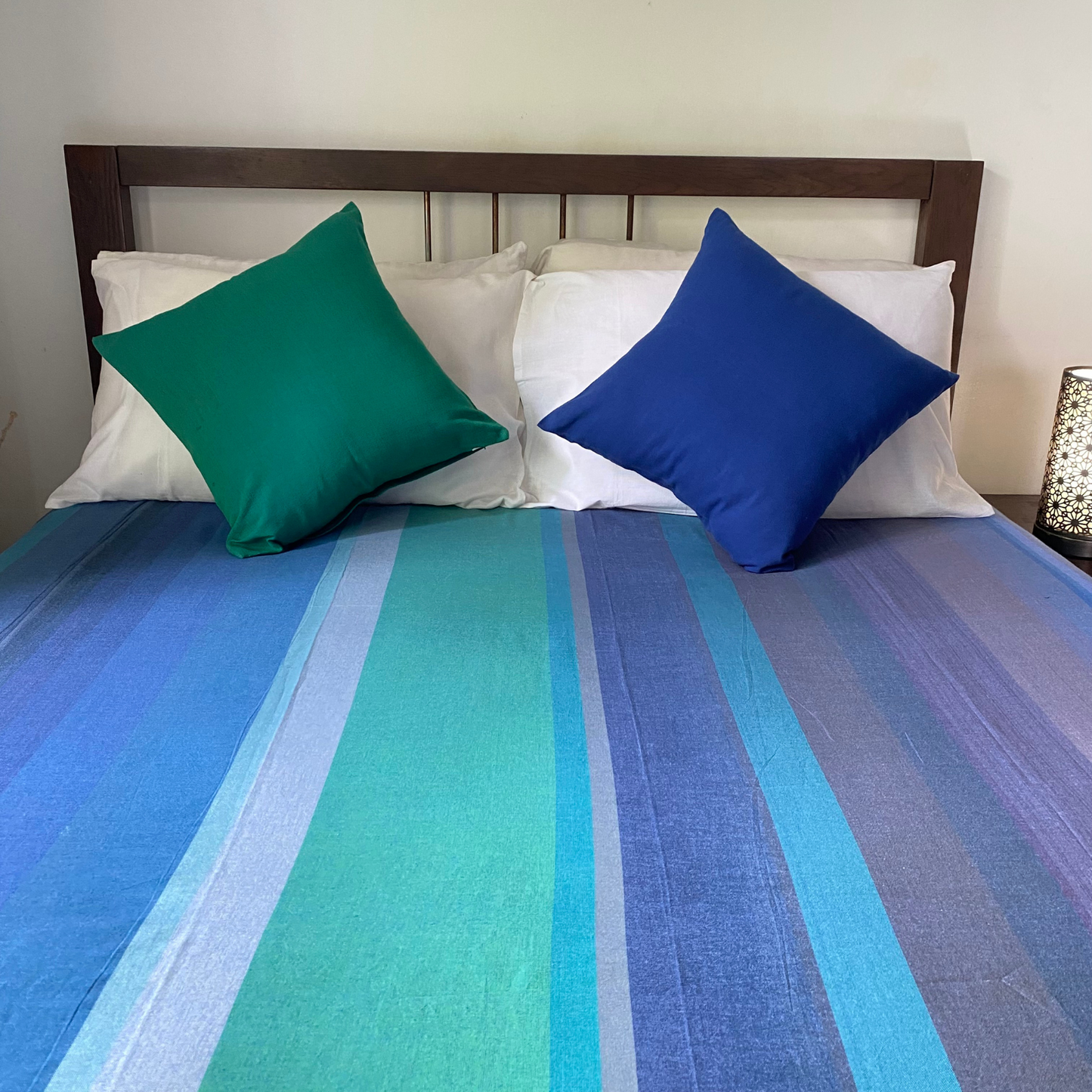 Cotton Bed Sheet 100 X 100 - Green & Blue Stripes