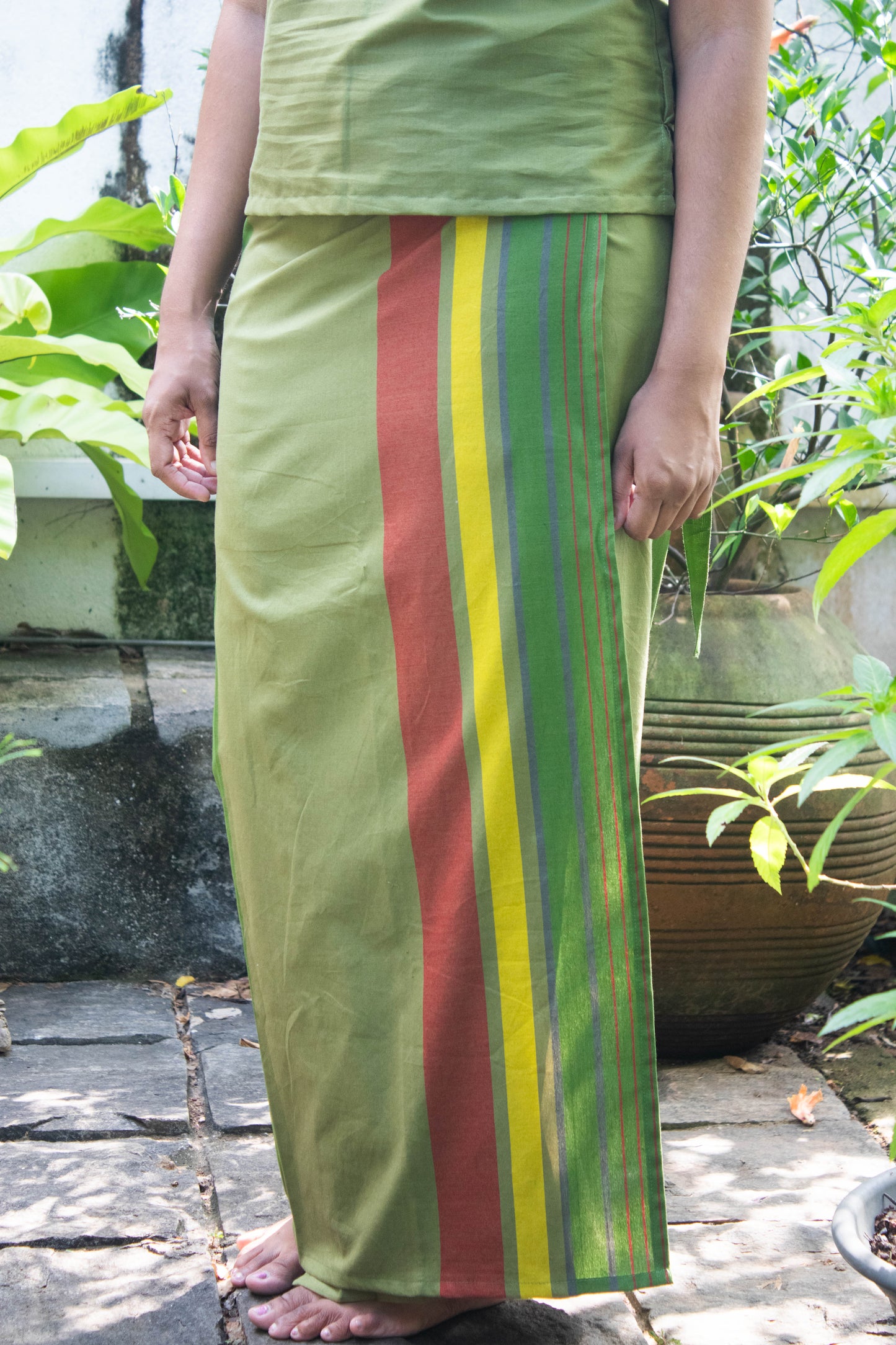 Lungi - Green With Yellow & Red Stripes