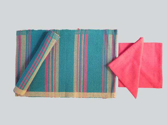 Table Mats + Serviettes (Set of 4)  Green & Red Strips