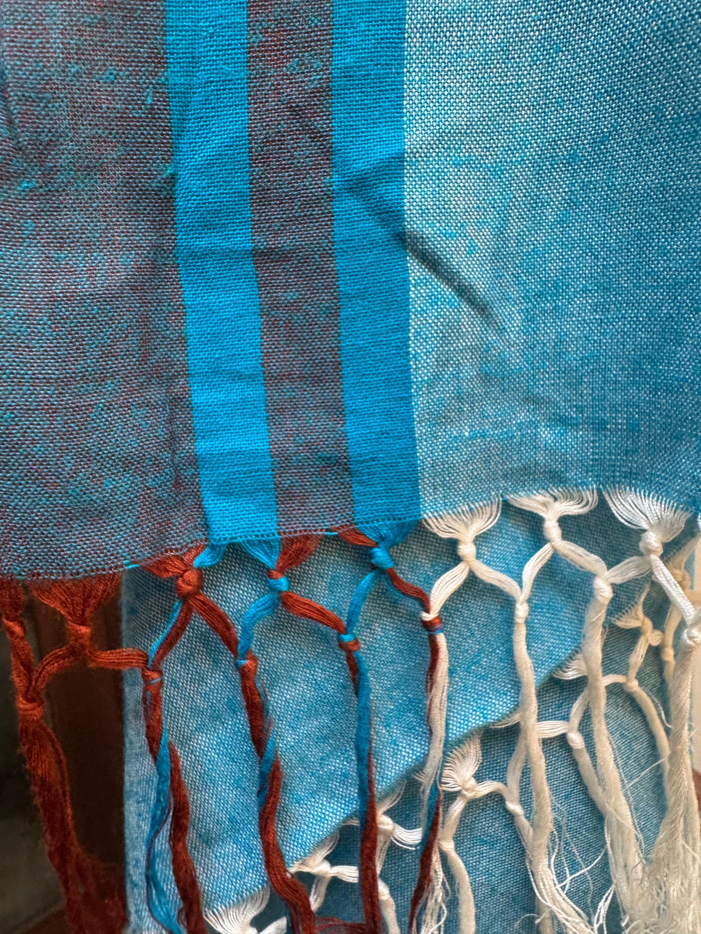 Saree - White Saree with Blue & Maroon Stripes