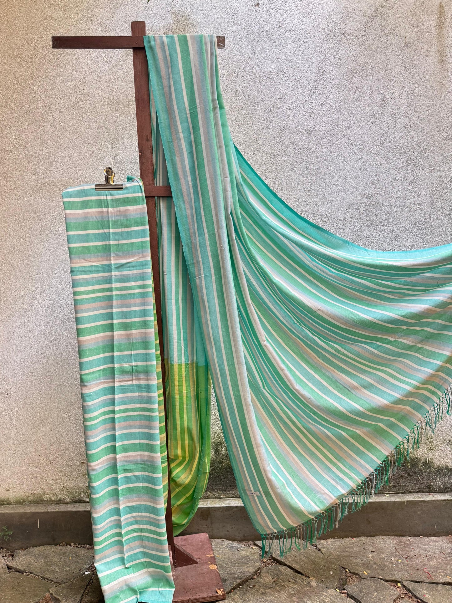 Saree - Green Yellow White Stripes