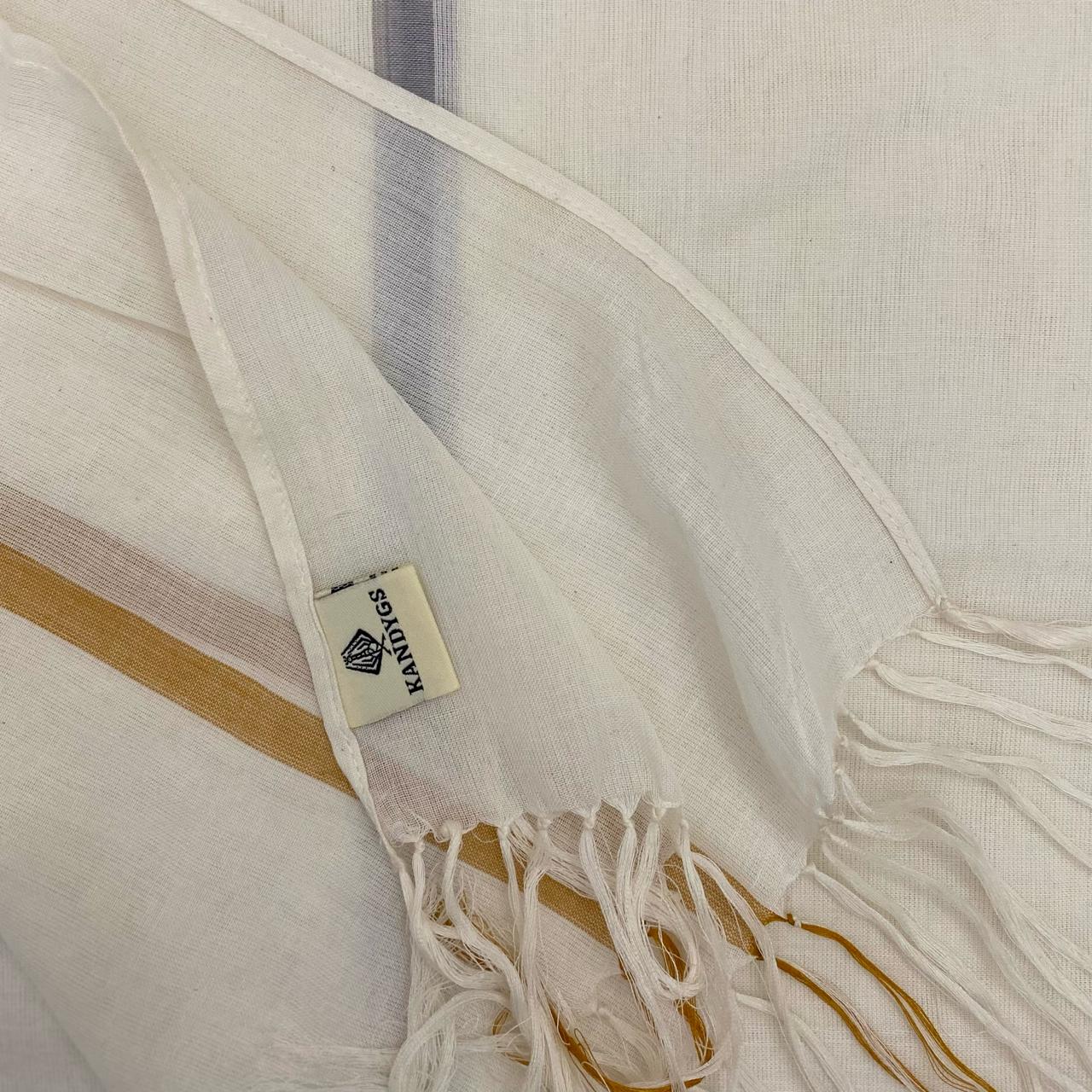 Shawl - White with Blue & Mustard stripes