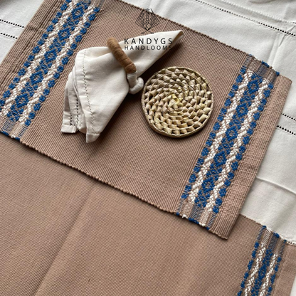 Designer Table Mat - Beige & White With Blue