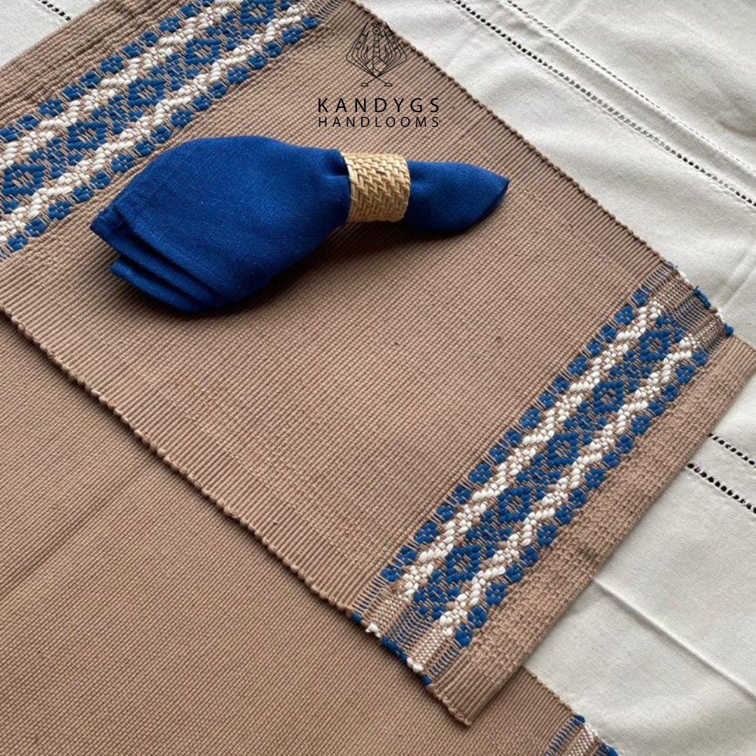 Designer Table Mat - Beige & White With Blue