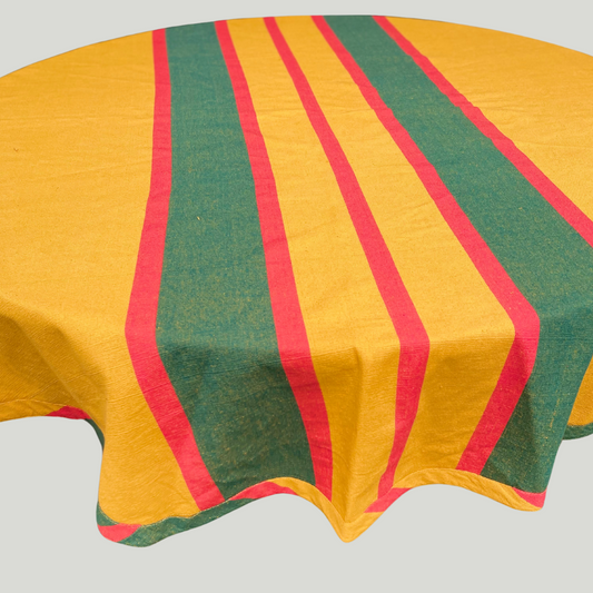 Round table cloth - Mustard with red and green stripes ( 4 seater - 60Q )