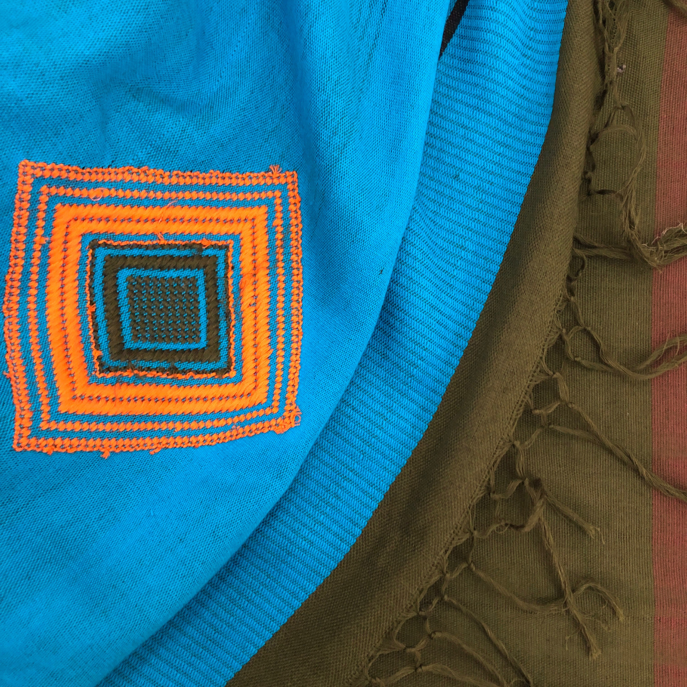 Dumbara Design Saree - Olive Green, Blue & Orange