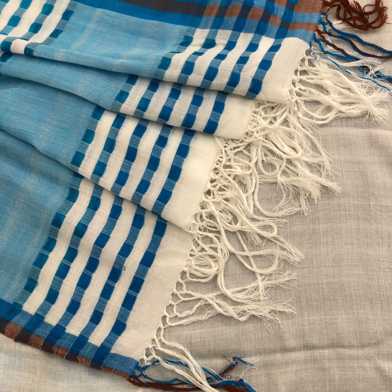 Saree -  White, Blue & Brown
