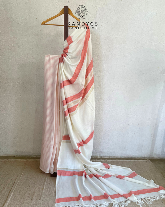 Saree  Bamboo White & coral pink with Gold Threads