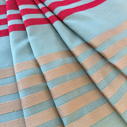 Saree - Light Turquoise with Gold & Red Stripes
