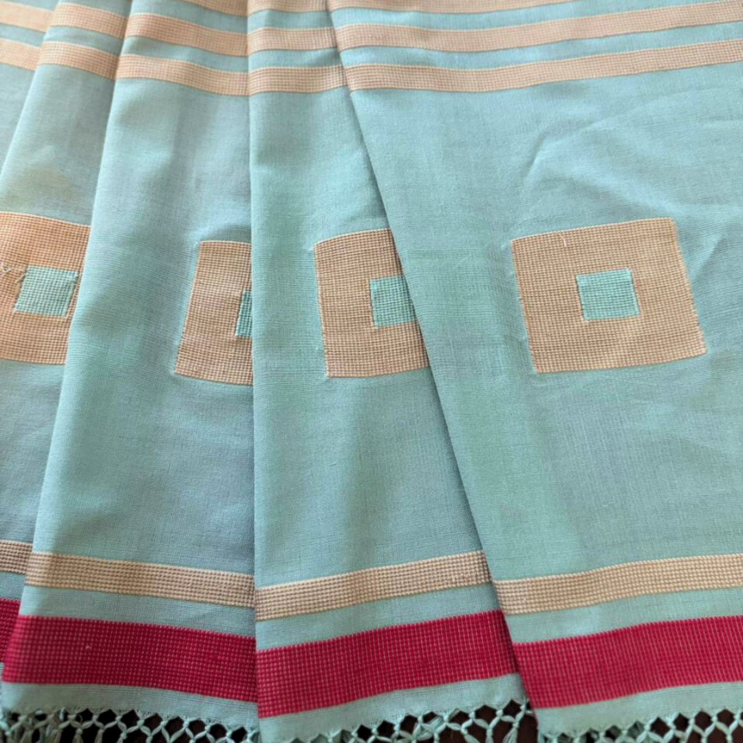 Saree - Light Turquoise with Gold & Red Stripes