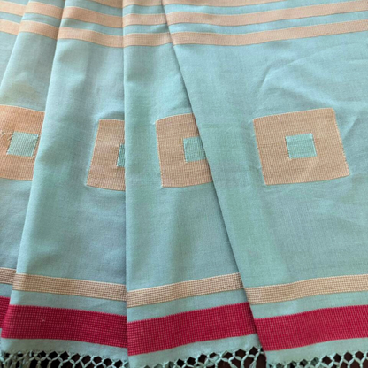 Saree - Light Turquoise with Gold & Red Stripes