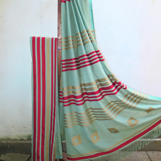 Saree - Light Turquoise with Gold & Red Stripes