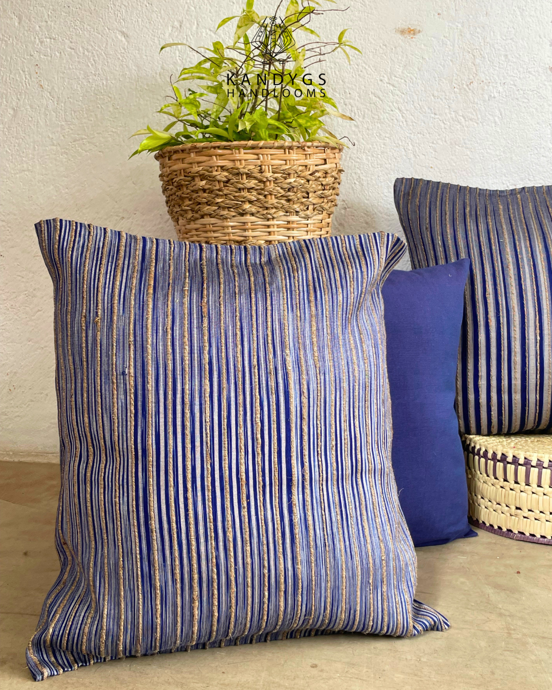 Jute Cushion Cover (18 x 18) - Navy Blue With Jute Ribs