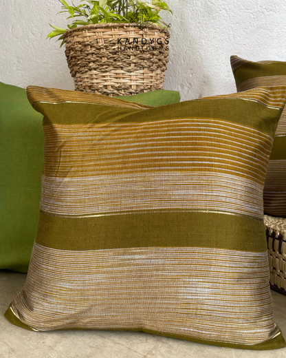 Mercerized Cushion Covers - Olive Green With Silver & Gold Stripes - 18" X 18"