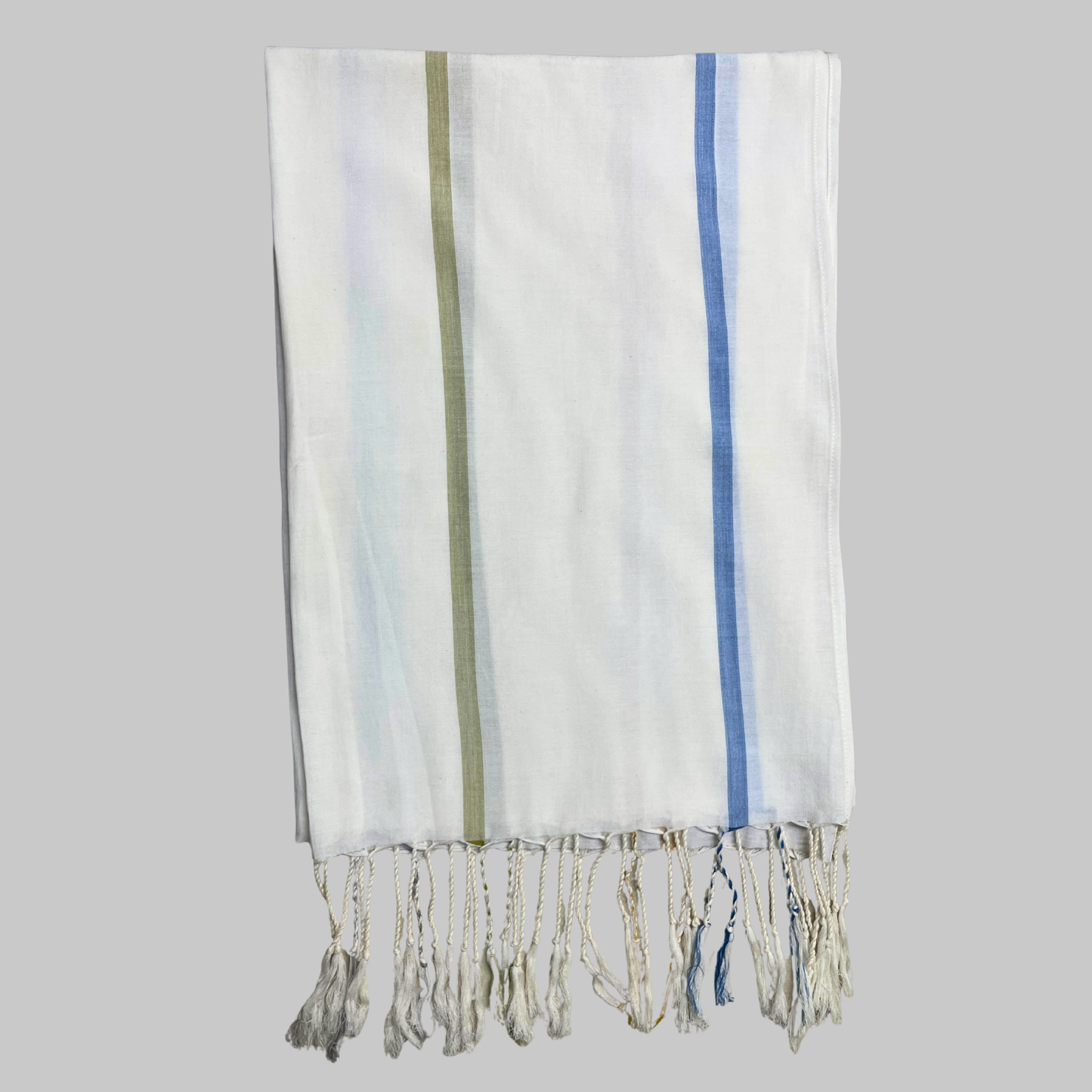 Shawl - White With Blue & Musterd Line