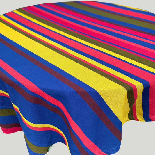 Round table cloth - Blue and red stripes  ( 4 seater- 60Q )