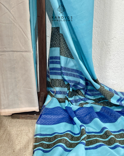 Saree Bamboo -light blue with vertical stripes of blue, gray, and black