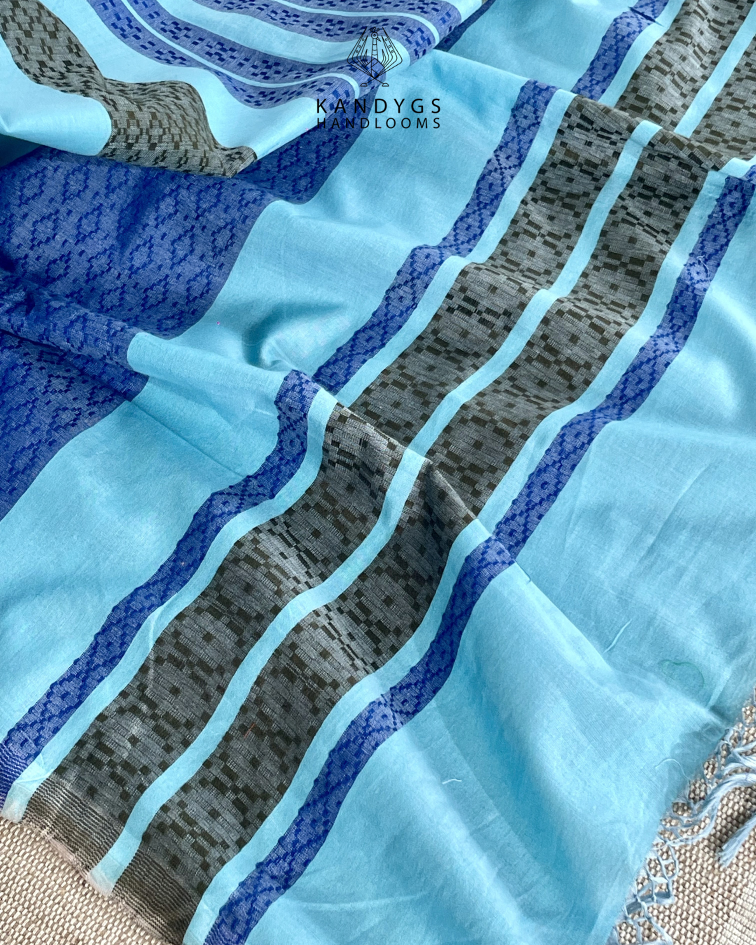 Saree Bamboo -light blue with vertical stripes of blue, gray, and black