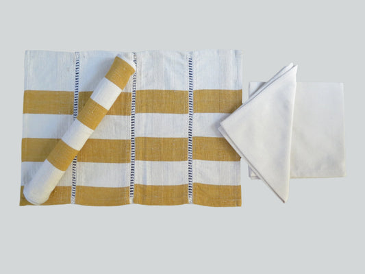 Table Mats + Serviettes (Set of 4) White  Yellow Ocher