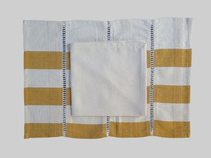 Table Mats + Serviettes (Set of 4) White  Yellow Ocher