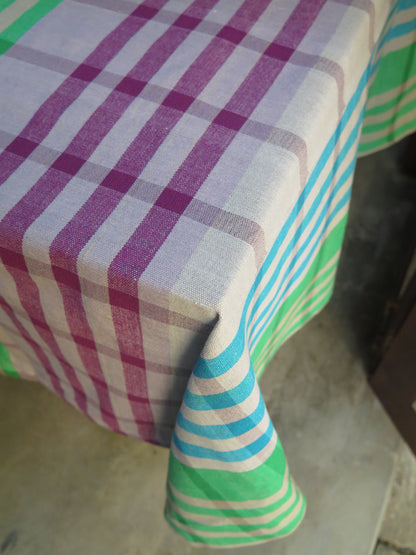 Square Table Cloth  - Green & Purple Check With Ash  (6 seater - 54" X 90")