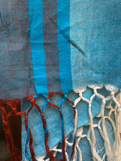 Saree - White Saree with Blue & Maroon Stripes