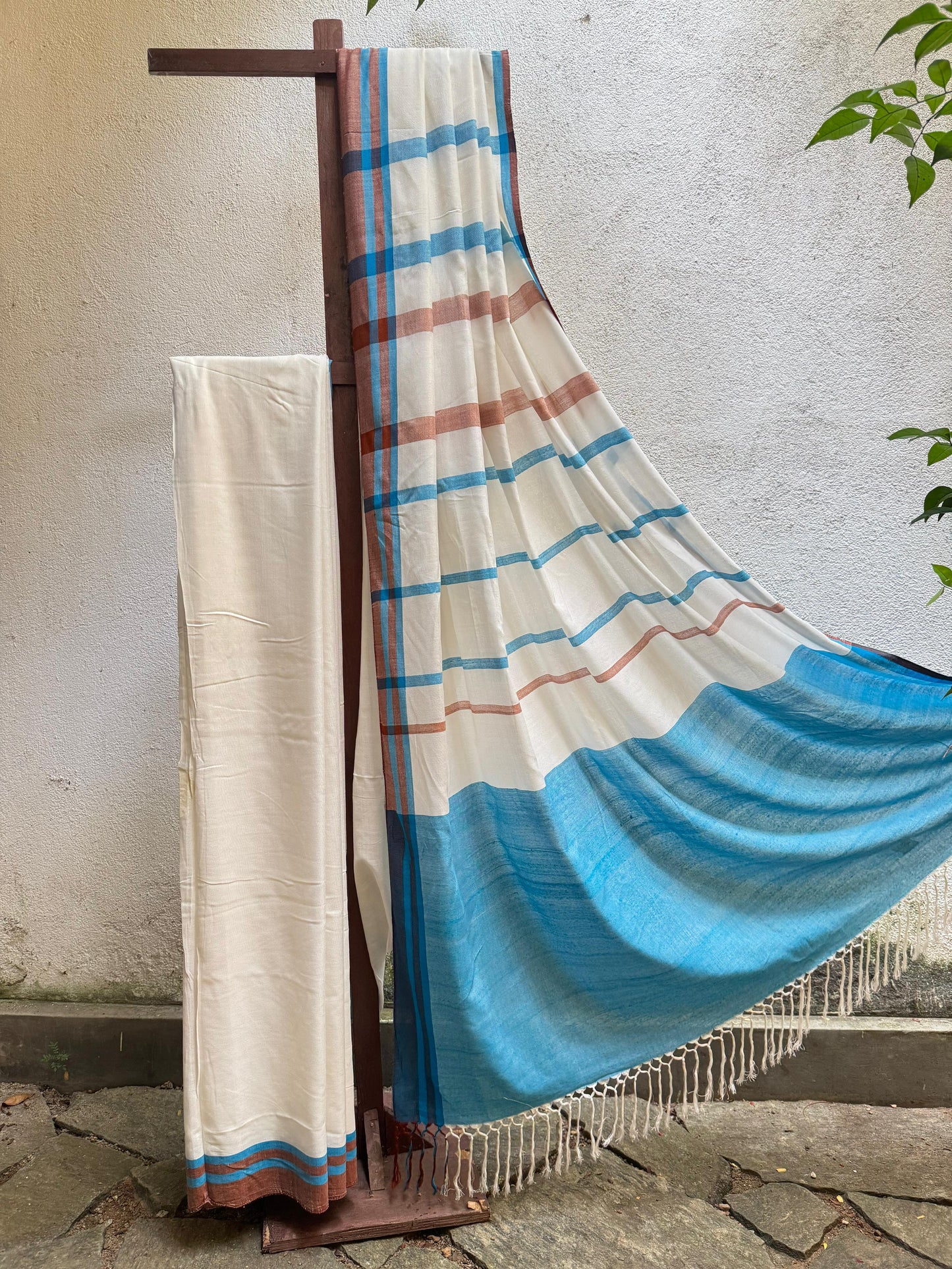 Saree - White Saree with Blue & Maroon Stripes