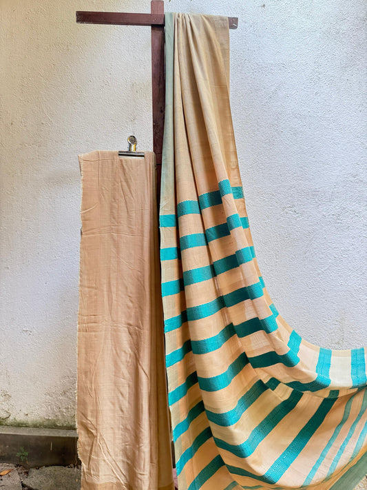 Saree - Beige Saree with Turquoise Blue