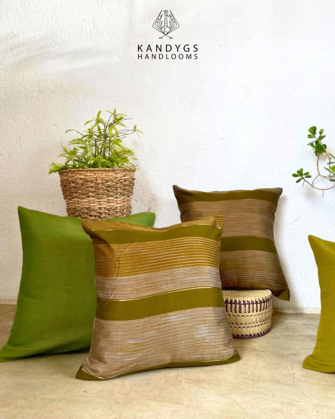 Mercerized Cushion Covers - Olive Green With Silver & Gold Stripes - 18" X 18"