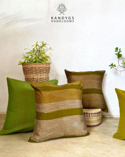 Mercerized Cushion Covers - Olive Green With Silver & Gold Stripes - 18" X 18"
